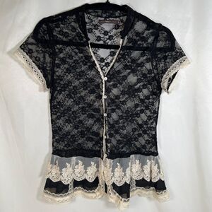 Hazel Black Lace Button up Blouse with Cream Lace Trim S Dark Romantic Goth Emo